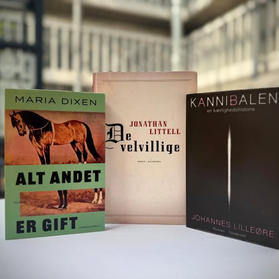 Tre bøger stående på højkant på et hvidt bord med biblioteket i baggrunden