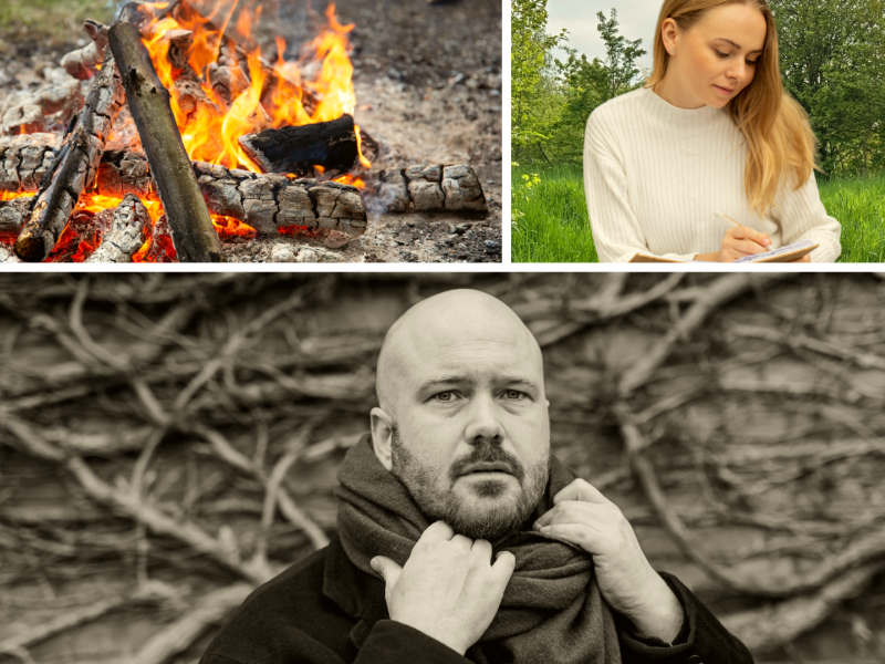 Mads Mygind, bål og ung piger, der skriver
